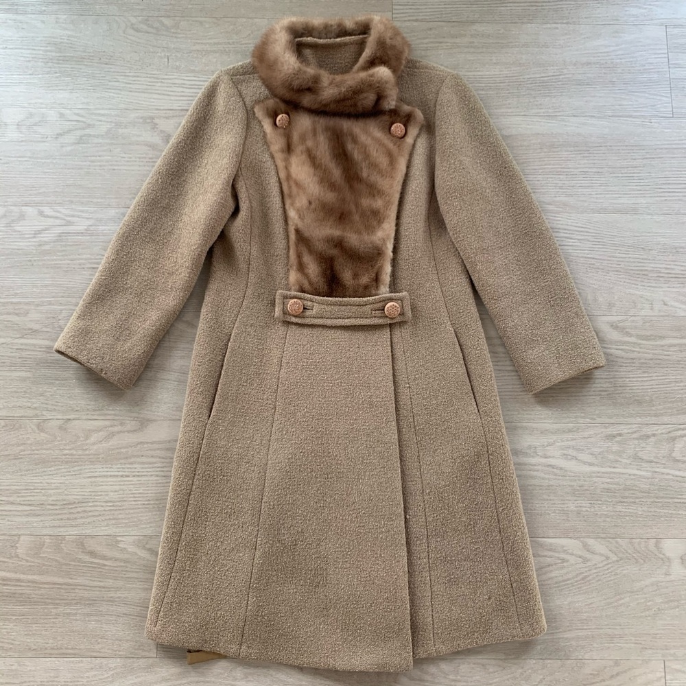 Vintage 1960s Mod Military Camel Bouclé Fur Coat